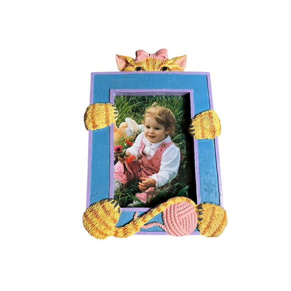 Blue & Purple Poly Resin Ceramic 4x6 Orange Striped Aff-Cat w/ Yarn Photo Frame - Picture 2 of 5